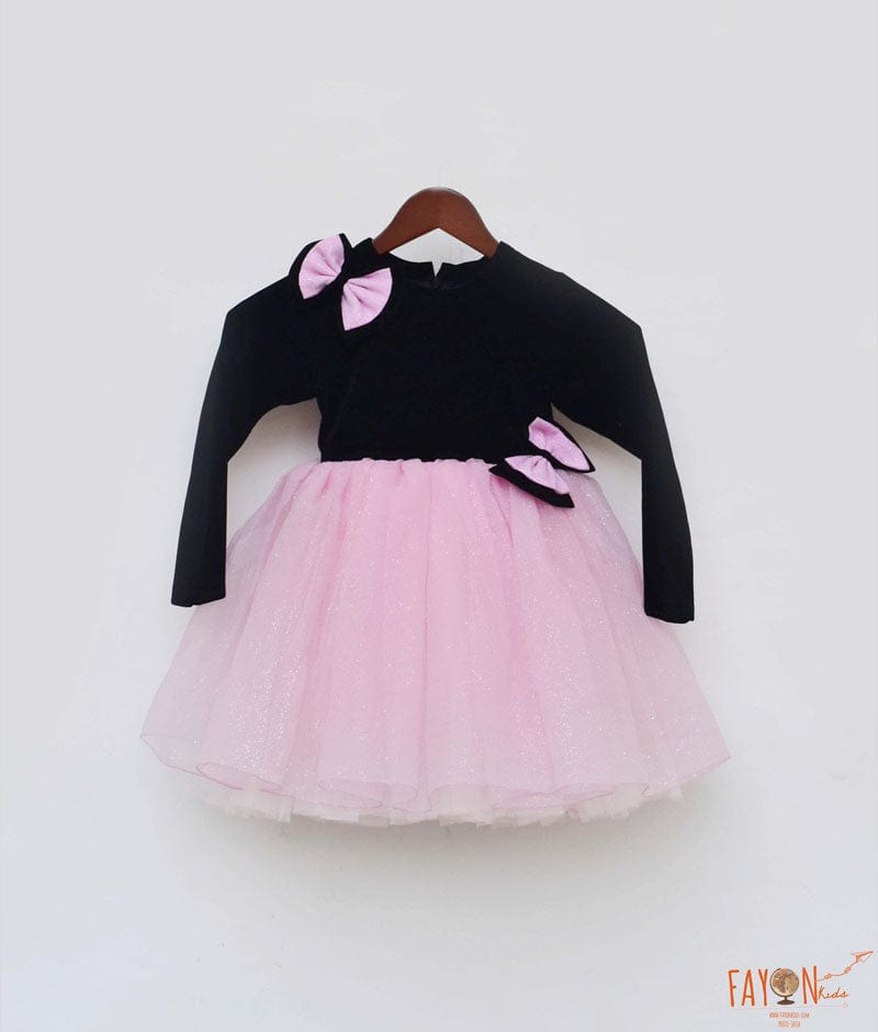 Fayon Kids Black Velvet Pink Glitter Organza Frock for Girls