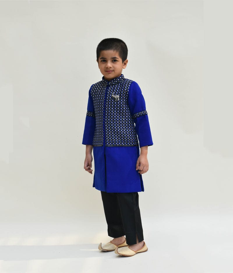 Fayon Kids Blue and Black Embroidery Ajkan Black Pant Ajkan set for boys