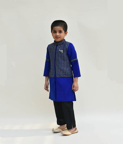 Fayon Kids Blue and Black Embroidery Ajkan Black Pant Ajkan set for boys