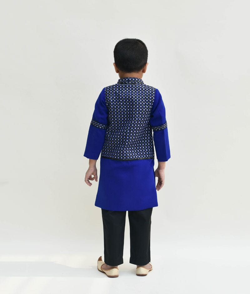 Fayon Kids Blue and Black Embroidery Ajkan Black Pant Ajkan set for boys