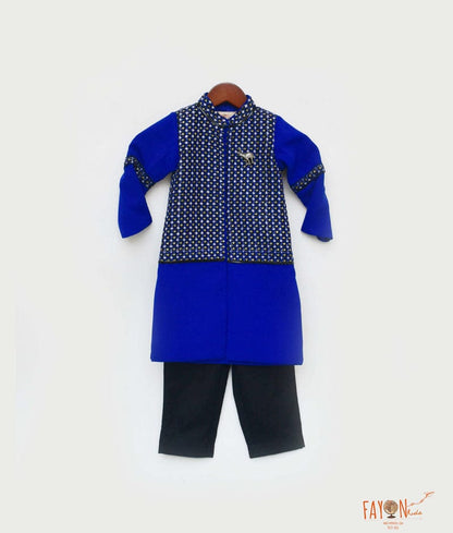 Fayon Kids Blue and Black Embroidery Ajkan Black Pant Ajkan set for boys