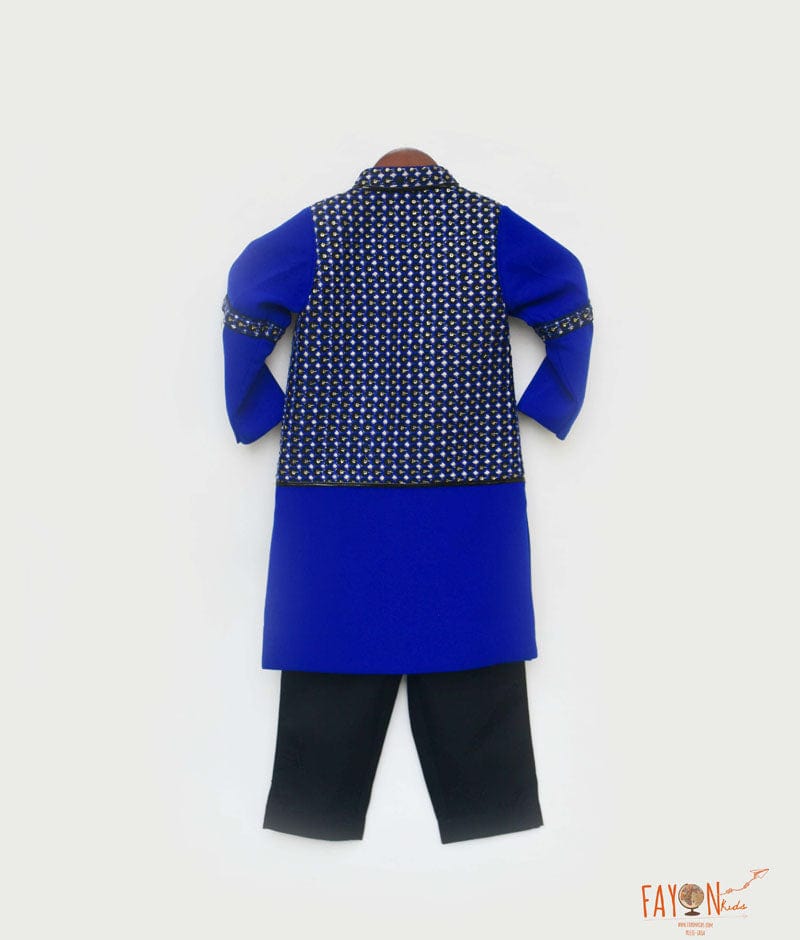 Fayon Kids Blue and Black Embroidery Ajkan Black Pant Ajkan set for boys