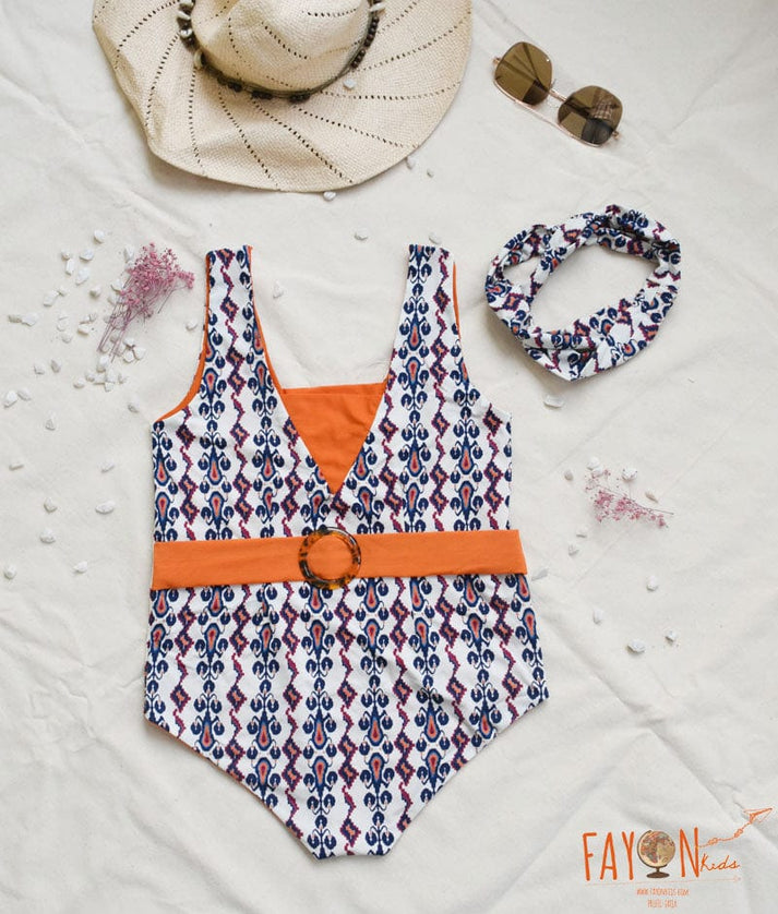 Blue and White Print Swim Wear for Girls