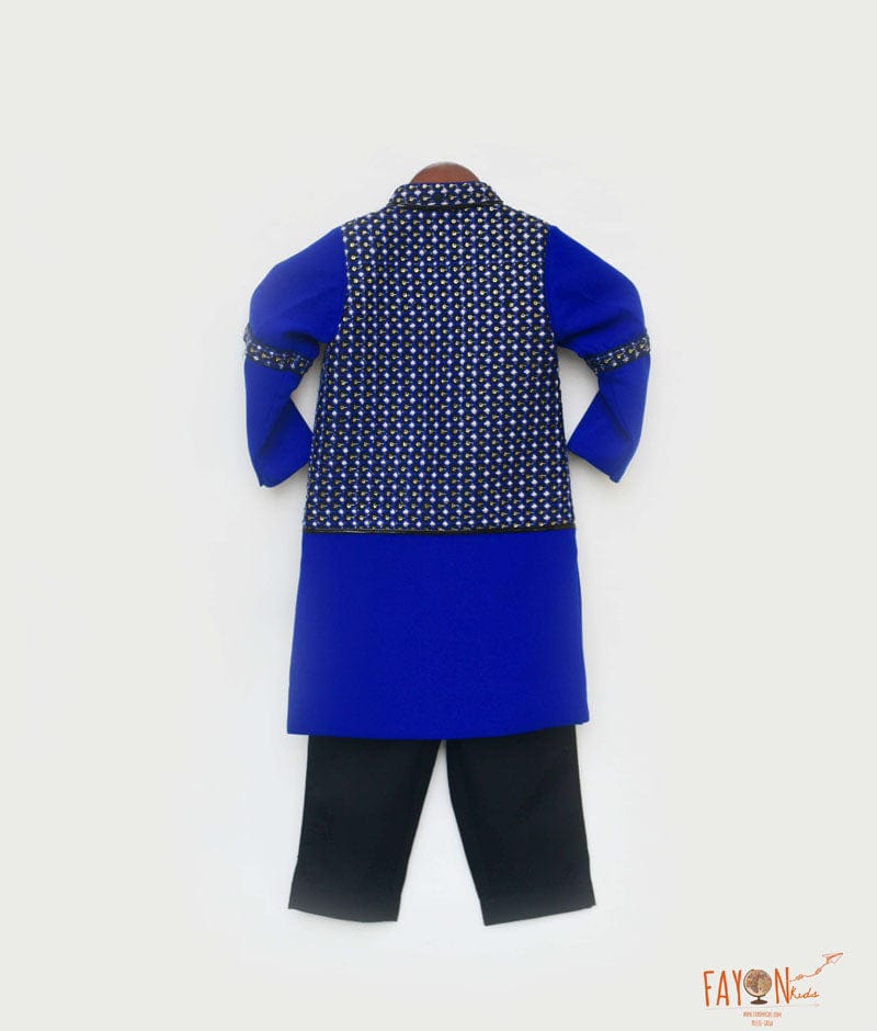 Fayon Kids Blue Black Embroidery Ajkan with Black Pant for Boys