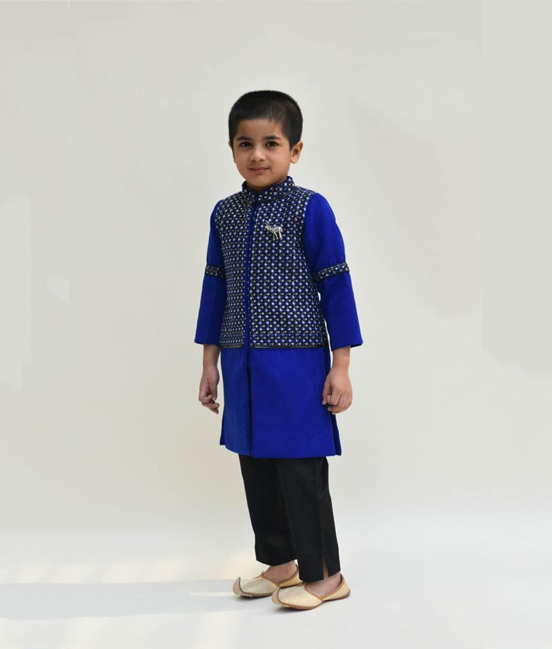 Fayon Kids Blue Black Embroidery Ajkan with Black Pant for Boys