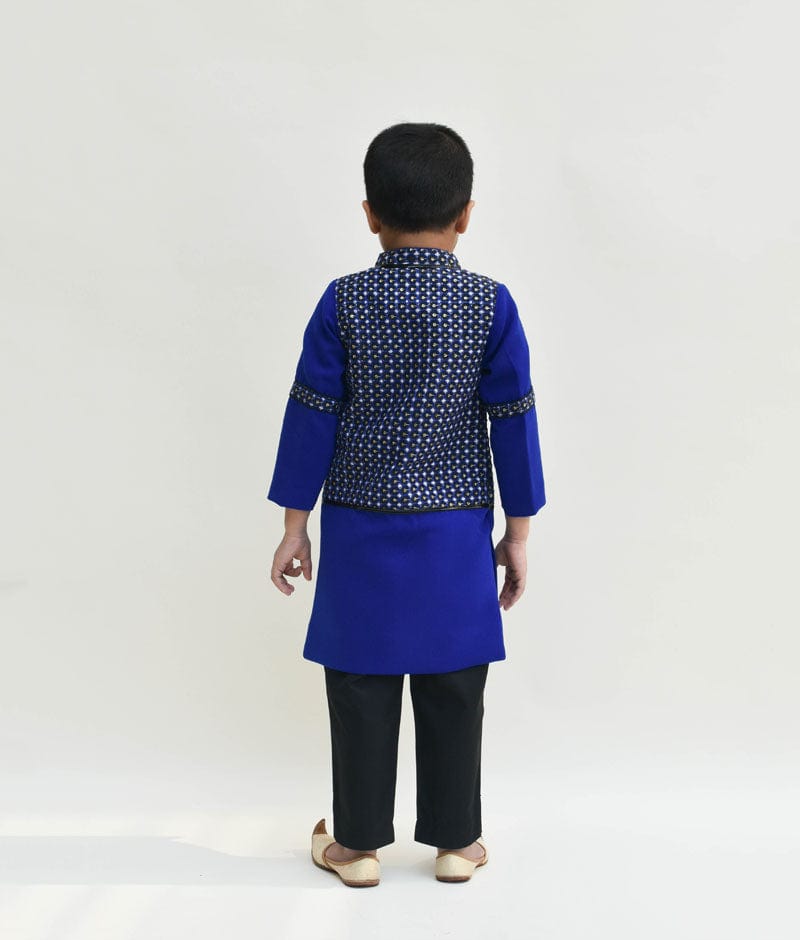 Fayon Kids Blue Black Embroidery Ajkan with Black Pant for Boys