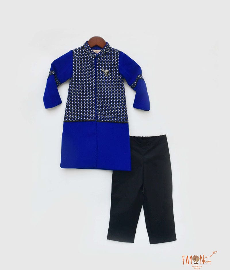 Fayon Kids Blue Black Embroidery Ajkan with Black Pant for Boys