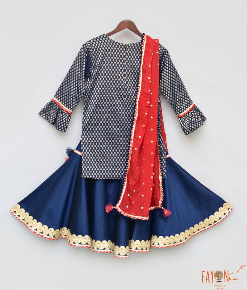 Fayon Kids Blue Brocade Sharara with Kurti Boti Georgette Dupatta for Girls