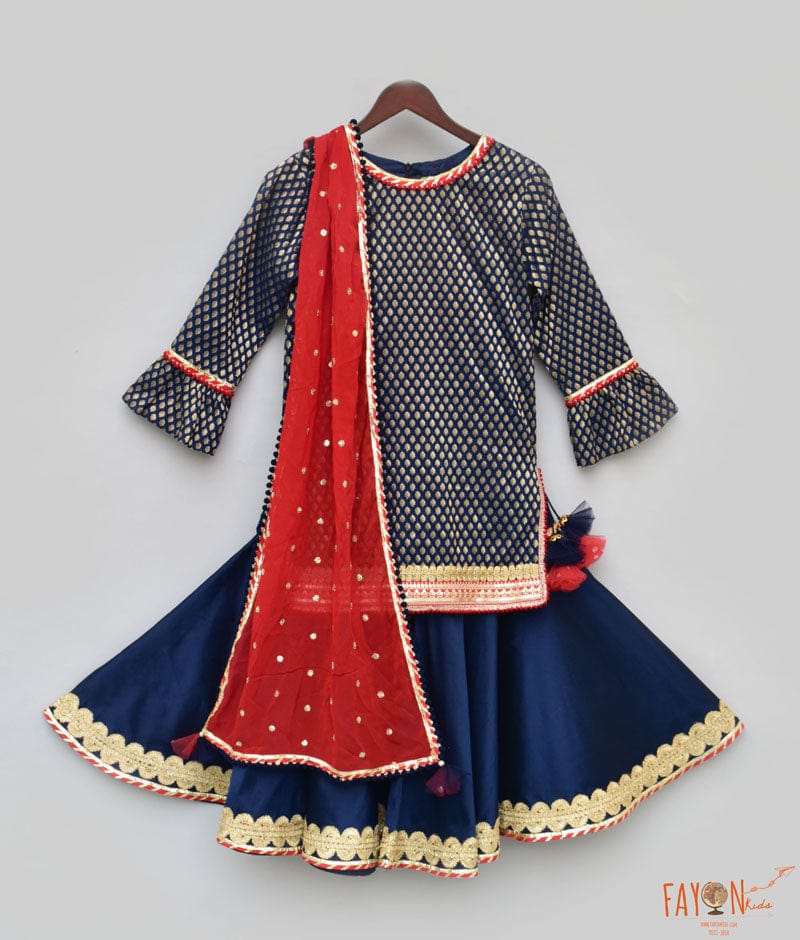 Fayon Kids Blue Brocade Sharara with Kurti Boti Georgette Dupatta for Girls