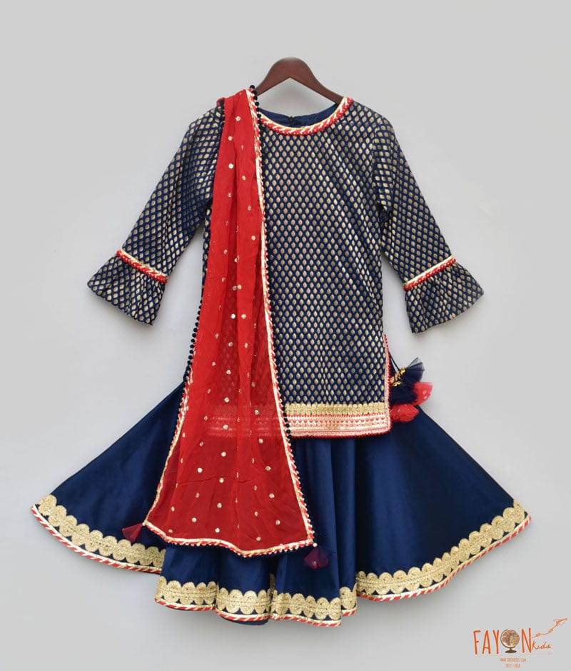 Blue Brocade Sharara with Kurti Boti Georgette Dupatta for Girls
