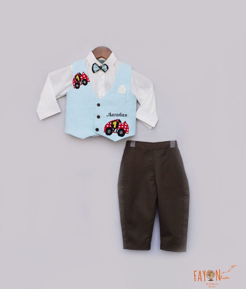 Fayon Kids Blue Car Print Waist Coat with White Shirt Brown Pant for Boys