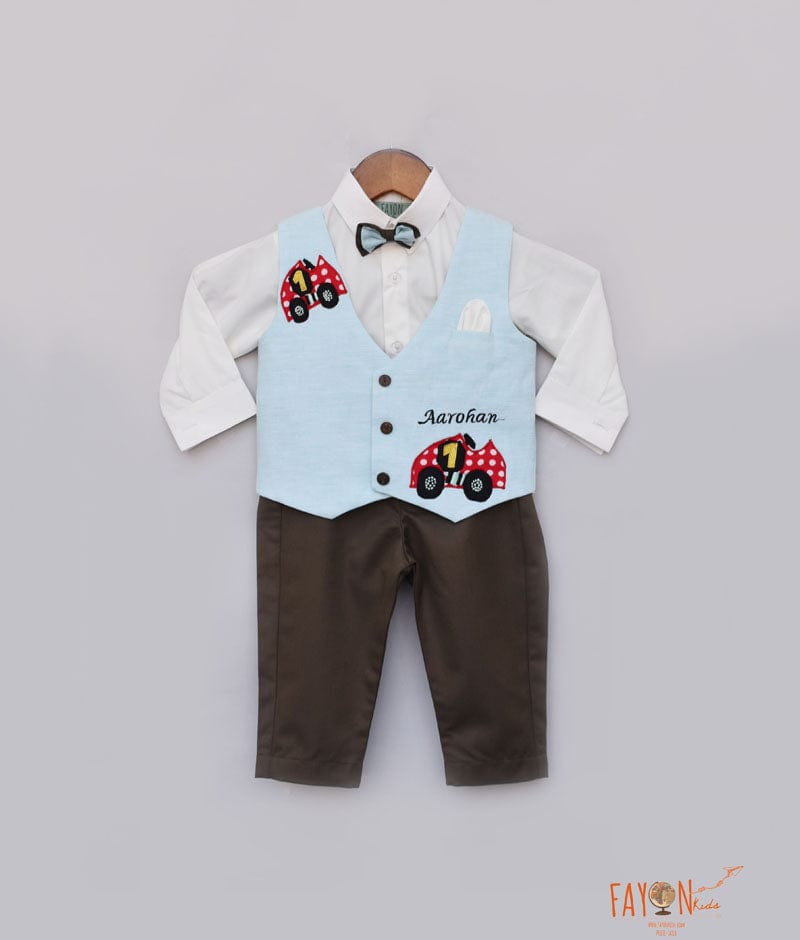 Fayon Kids Blue Car Print Waist Coat with White Shirt Brown Pant for Boys