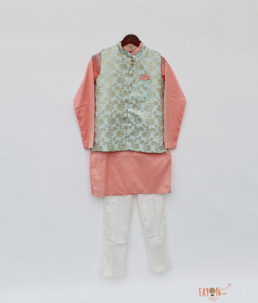 Blue Chanderi Jacket with Kurta Pant for Boys