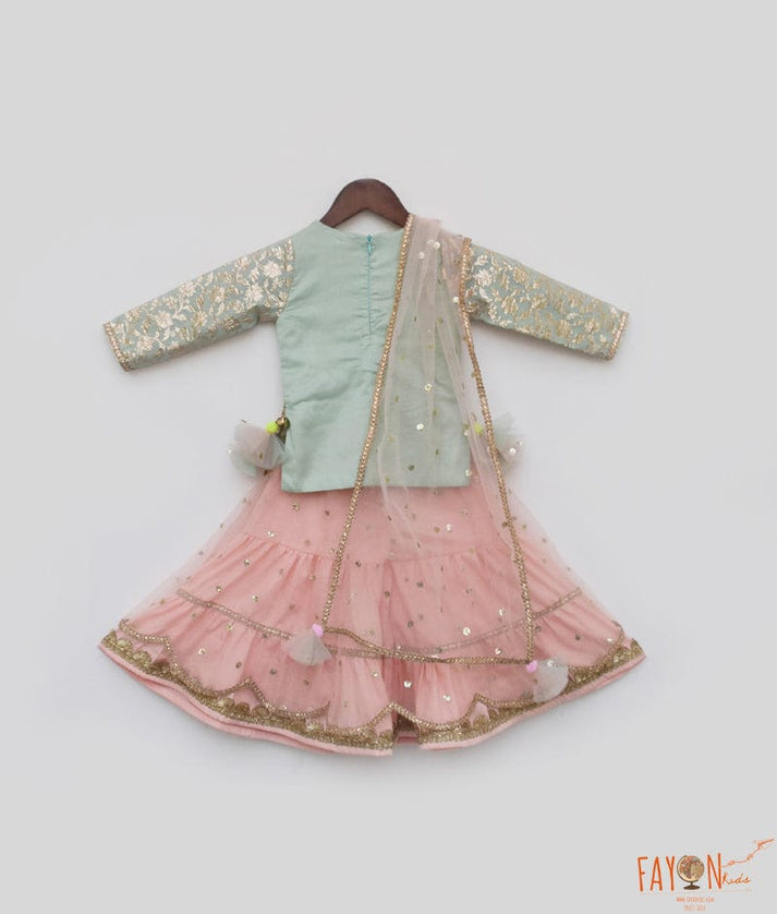 Blue Chanderi Kurti and Peach Net Sharara for Girls