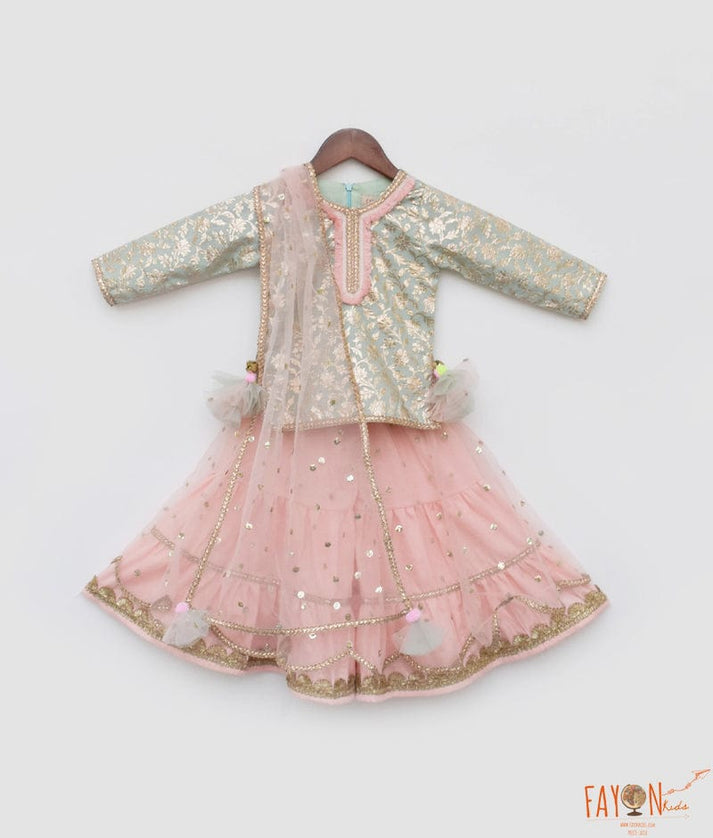 Blue Chanderi Kurti and Peach Net Sharara for Girls