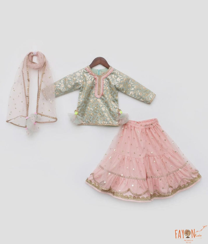 Blue Chanderi Kurti and Peach Net Sharara for Girls