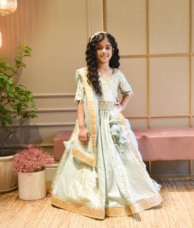 Blue Chanderi Lehenga Choli and Dupatta for Girls
