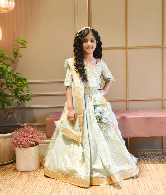 Blue Chanderi Lehenga Choli and Dupatta for Girls