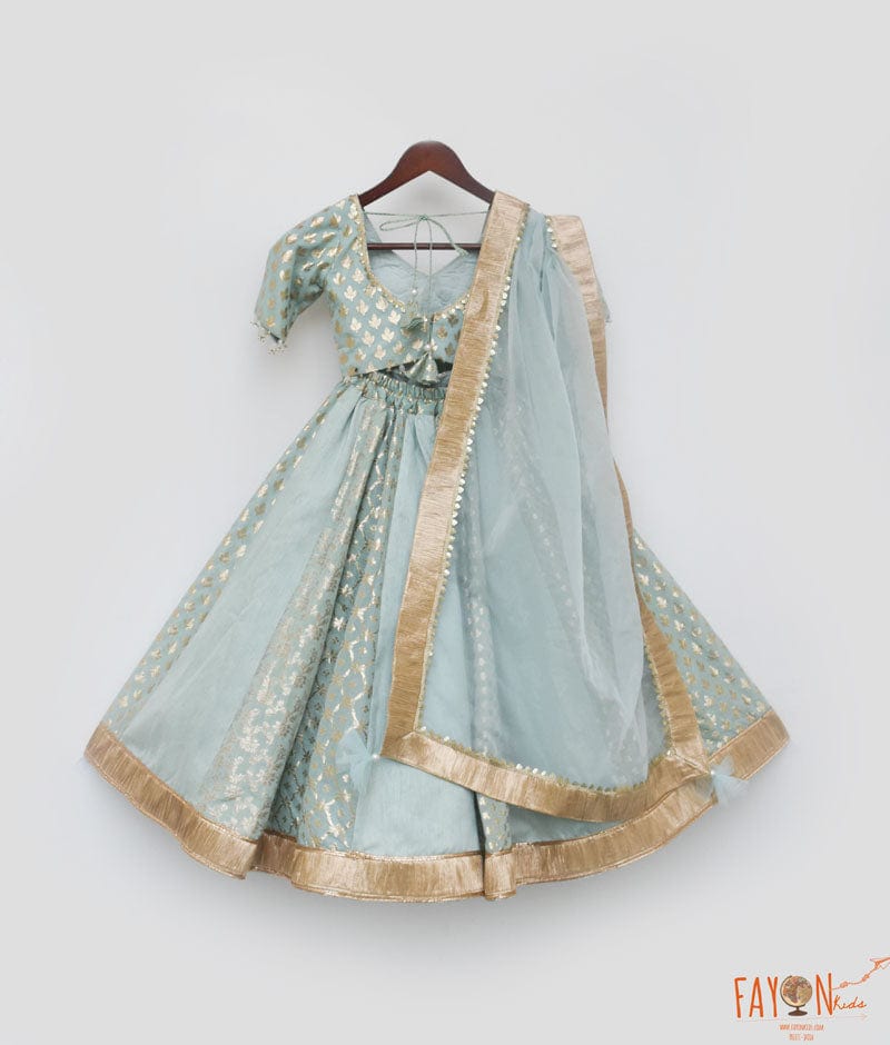 Fayon Kids Blue Chanderi Lehenga Choli and Dupatta for Girls