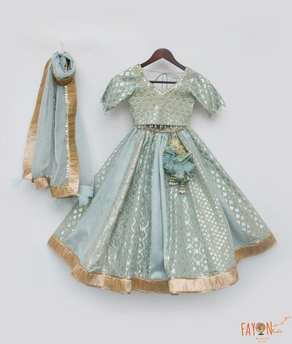 Fayon Kids Blue Chanderi Lehenga Choli and Dupatta for Girls