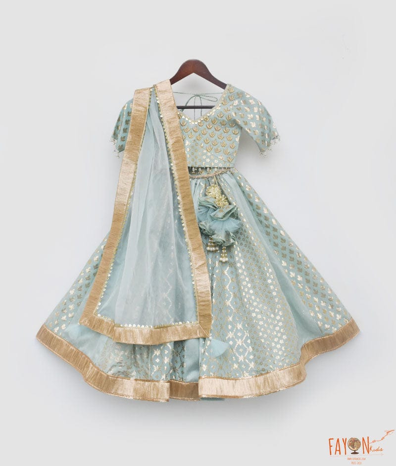 Fayon Kids Blue Chanderi Lehenga Choli and Dupatta for Girls