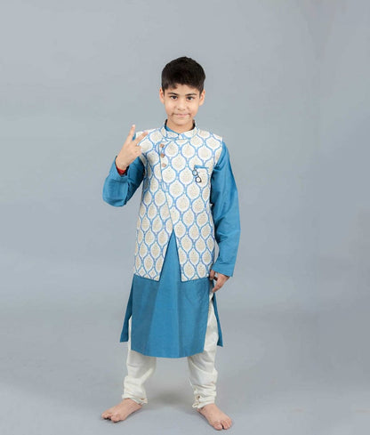 Fayon Kids Blue Chanderi Printed Nehru Jacket with Kurta Chudidar for Boys