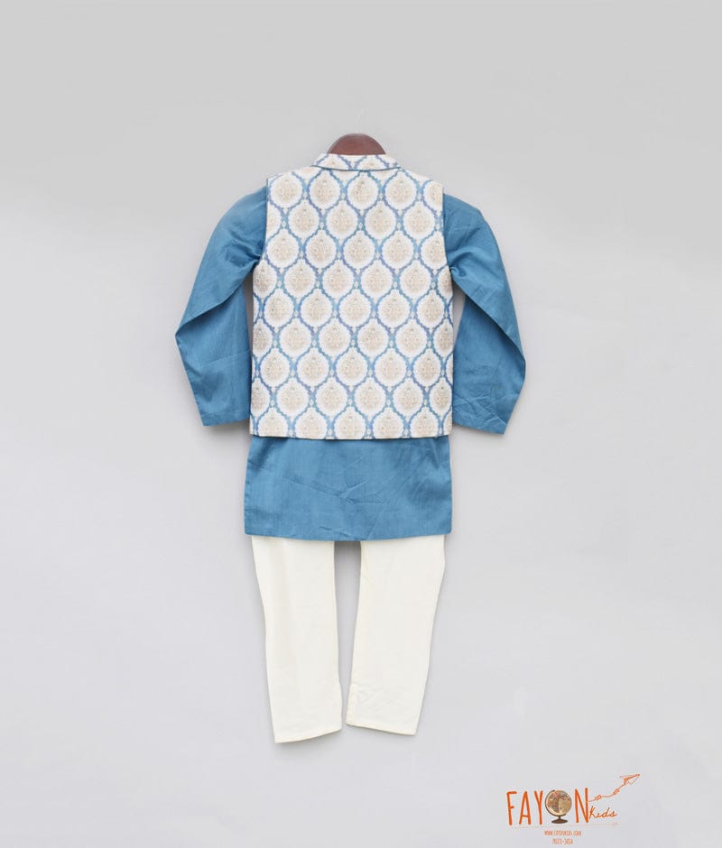 Fayon Kids Blue Chanderi Printed Nehru Jacket with Kurta Chudidar for Boys