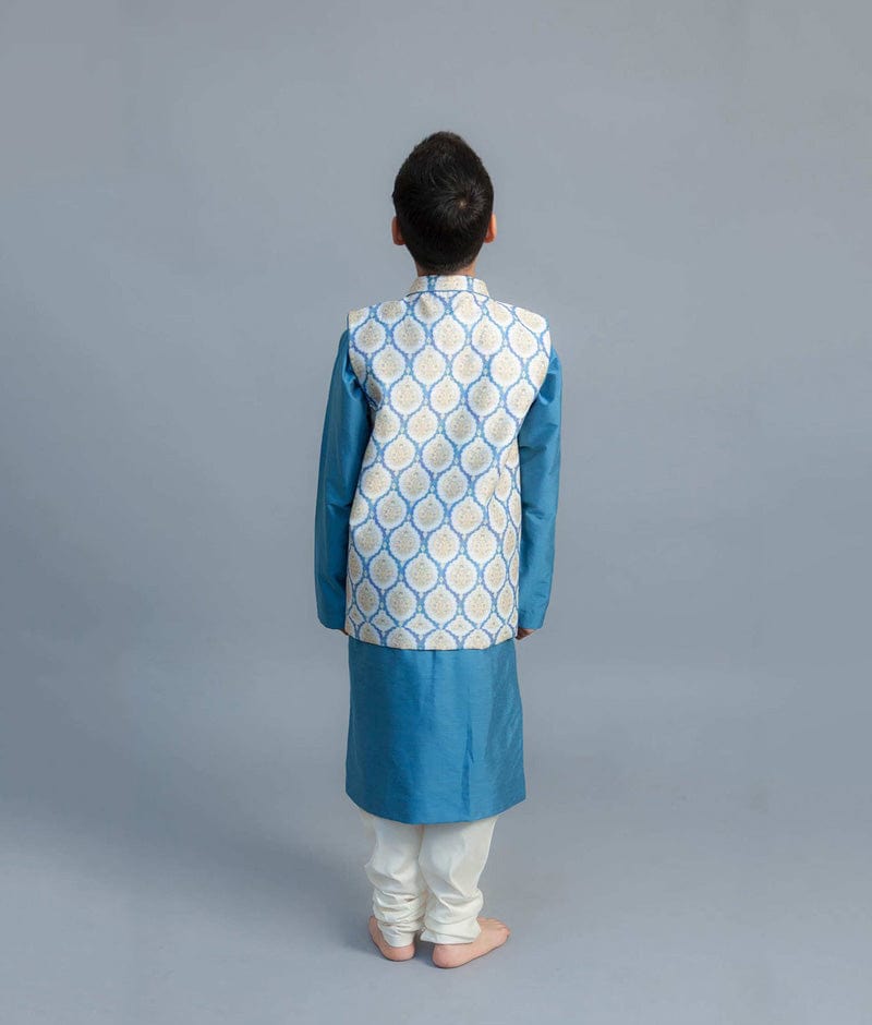 Fayon Kids Blue Chanderi Printed Nehru Jacket with Kurta Chudidar for Boys