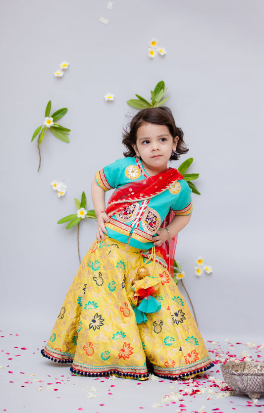 Fayon Kids Blue Choli with Red Sequence Bootie Dupatta Yellow Brocade Lehenga Set for Girls