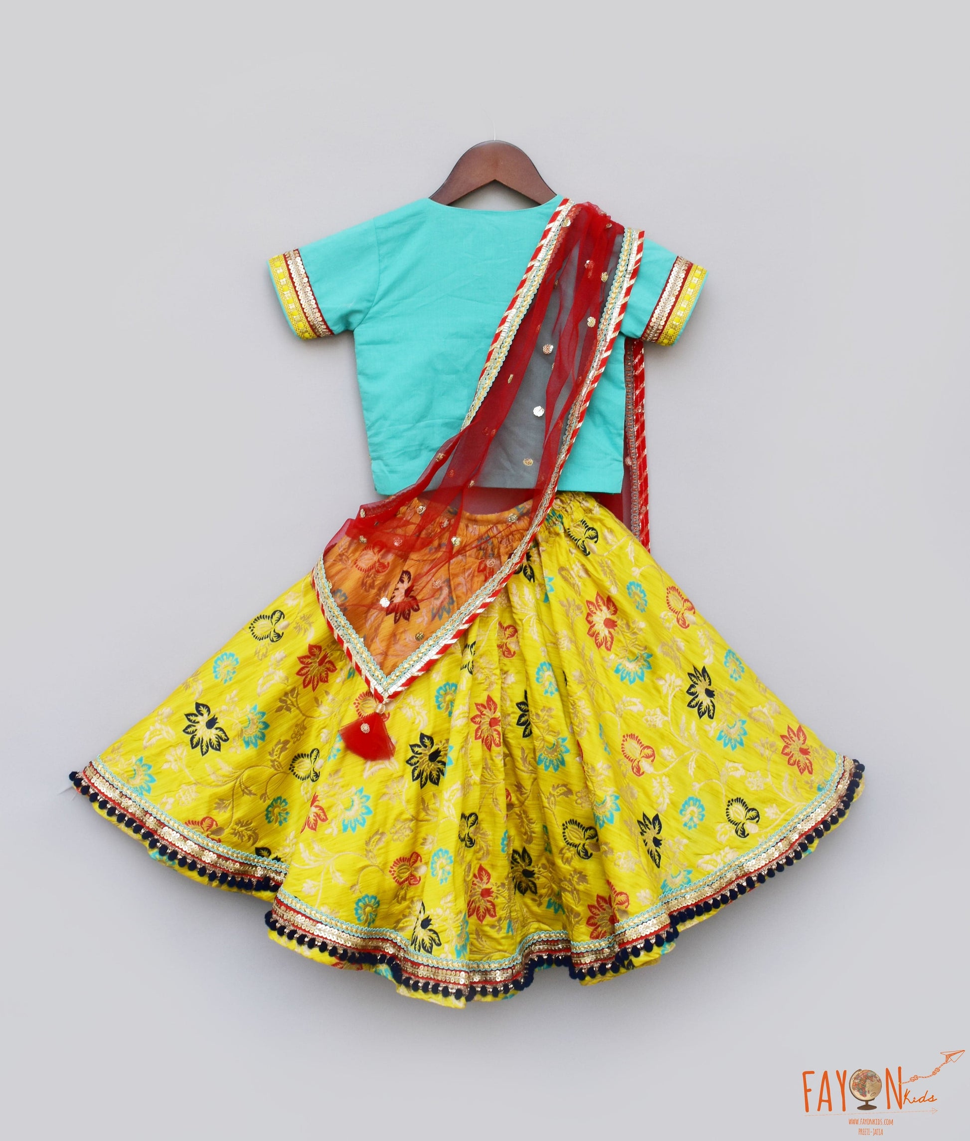 Fayon Kids Blue Choli with Red Sequence Bootie Dupatta Yellow Brocade Lehenga Set for Girls