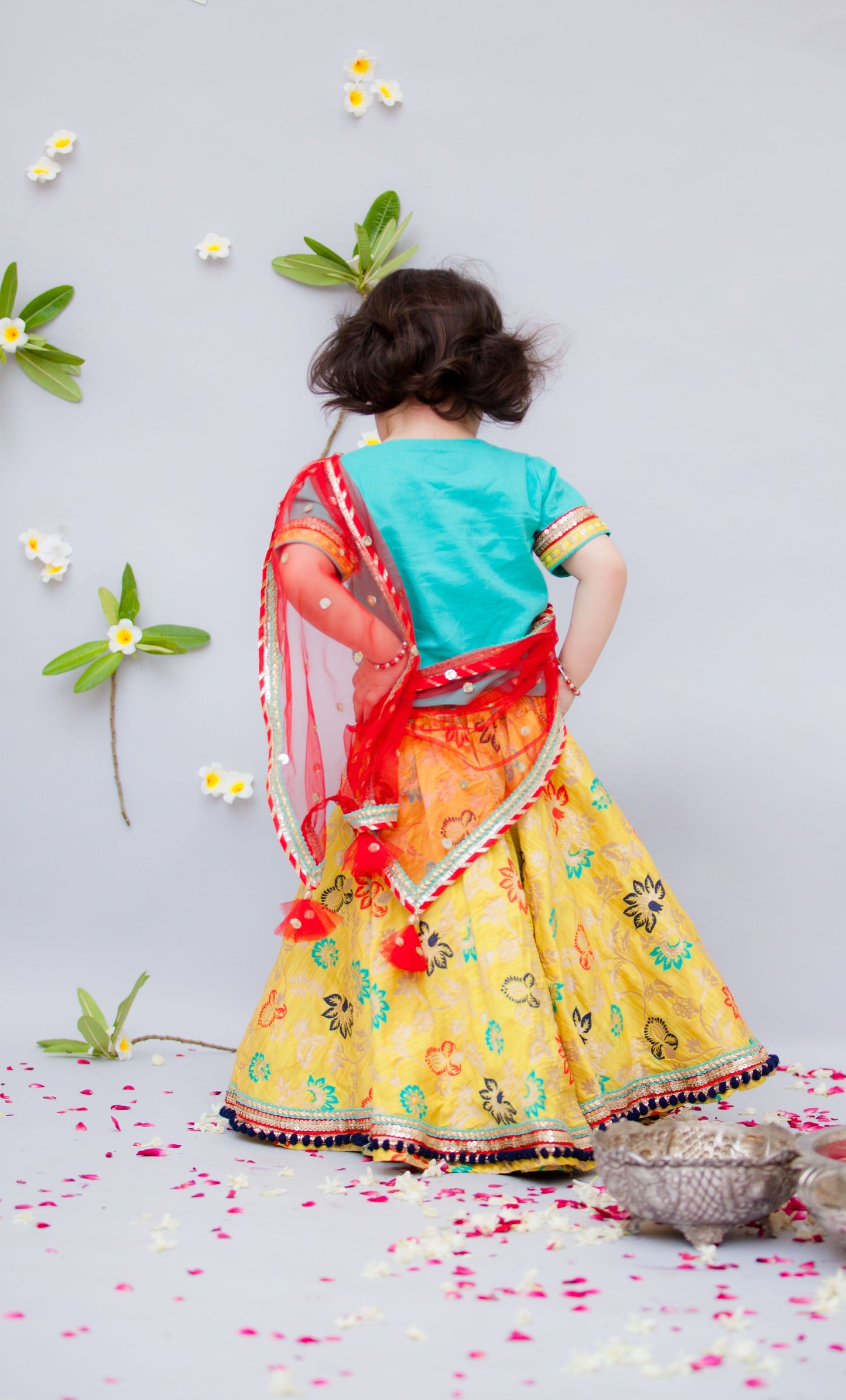 Fayon Kids Blue Choli with Red Sequence Bootie Dupatta Yellow Brocade Lehenga Set for Girls