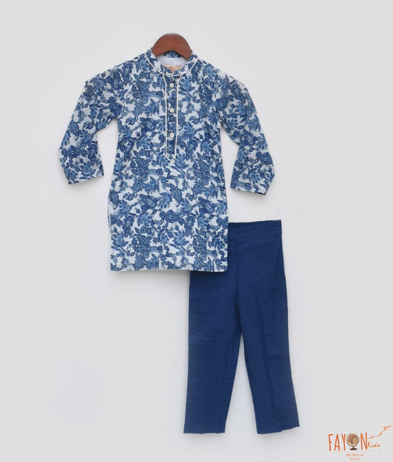 Fayon Kids Blue Cotton Print Kurta and Blue Pant for Boys