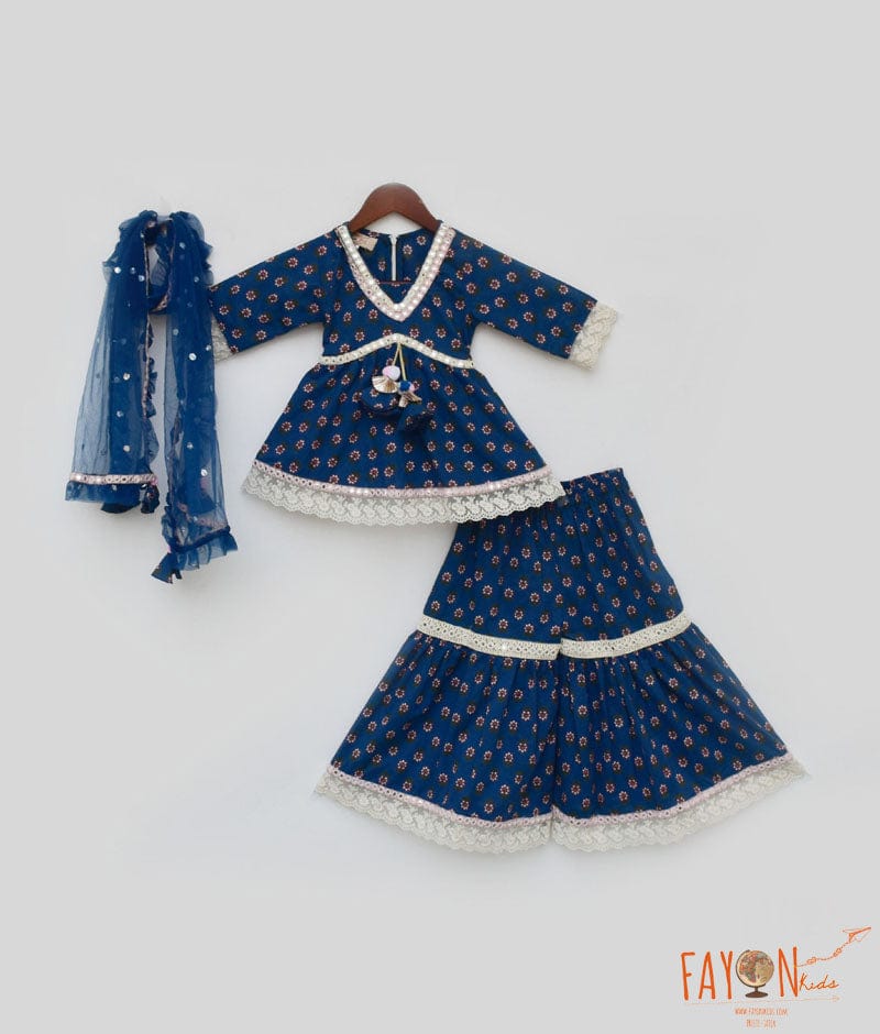 Fayon Kids Blue Cotton Print Kurti Sharara and Blue Net Dupatta for Girls