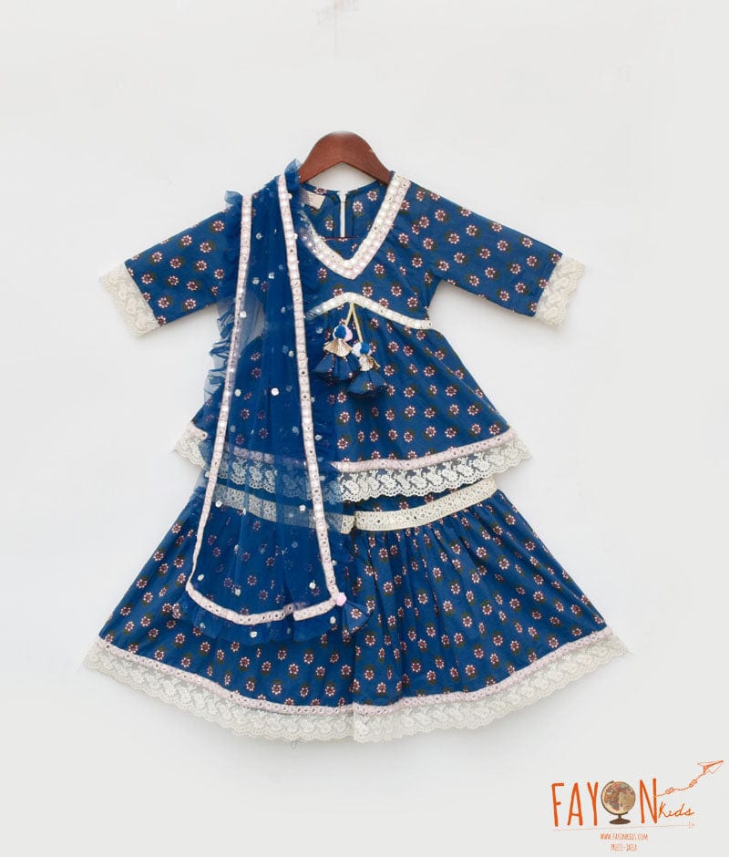 Fayon Kids Blue Cotton Print Kurti Sharara and Blue Net Dupatta for Girls