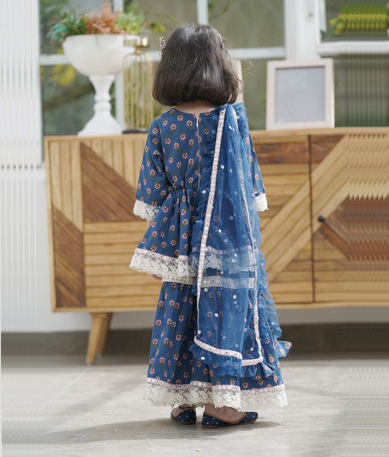 Fayon Kids Blue Cotton Print Kurti Sharara and Blue Net Dupatta for Girls