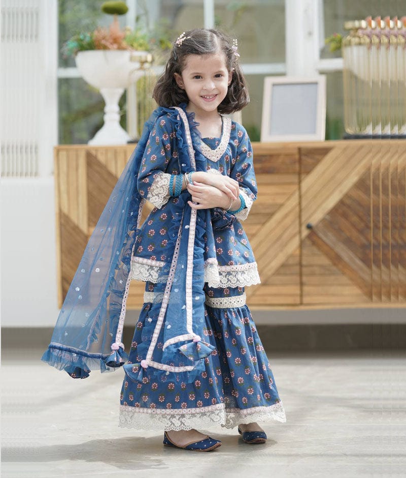 Fayon Kids Blue Cotton Print Kurti Sharara and Blue Net Dupatta for Girls