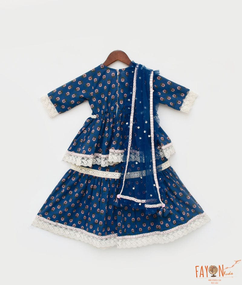 Fayon Kids Blue Cotton Print Kurti Sharara and Blue Net Dupatta for Girls