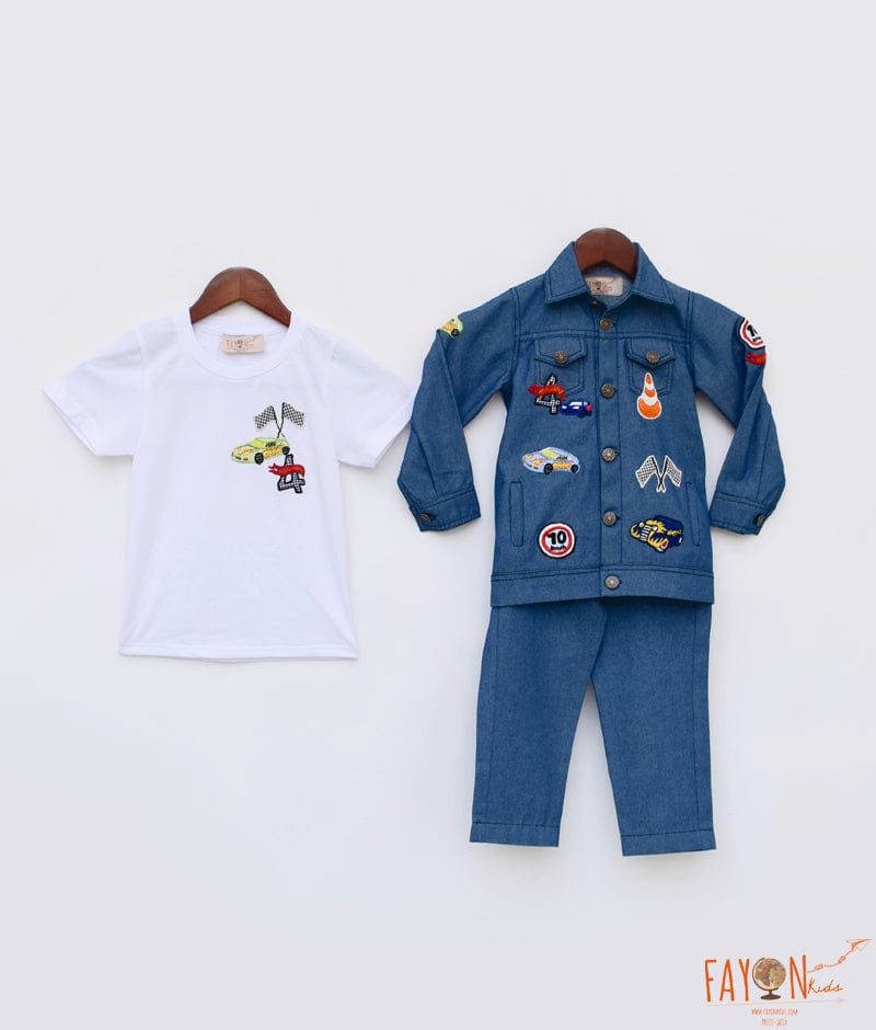 Blue Demin Jacket White T Shirt Pant for Boys
