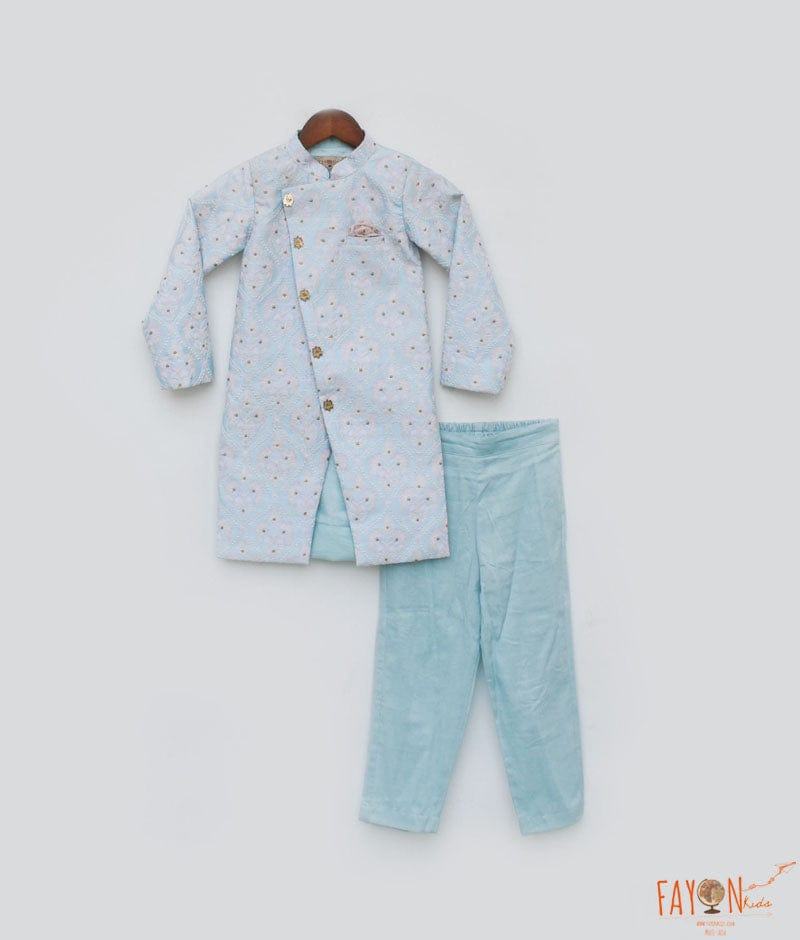 Fayon Kids Blue Embroidery Ajkan and Pant for Boys