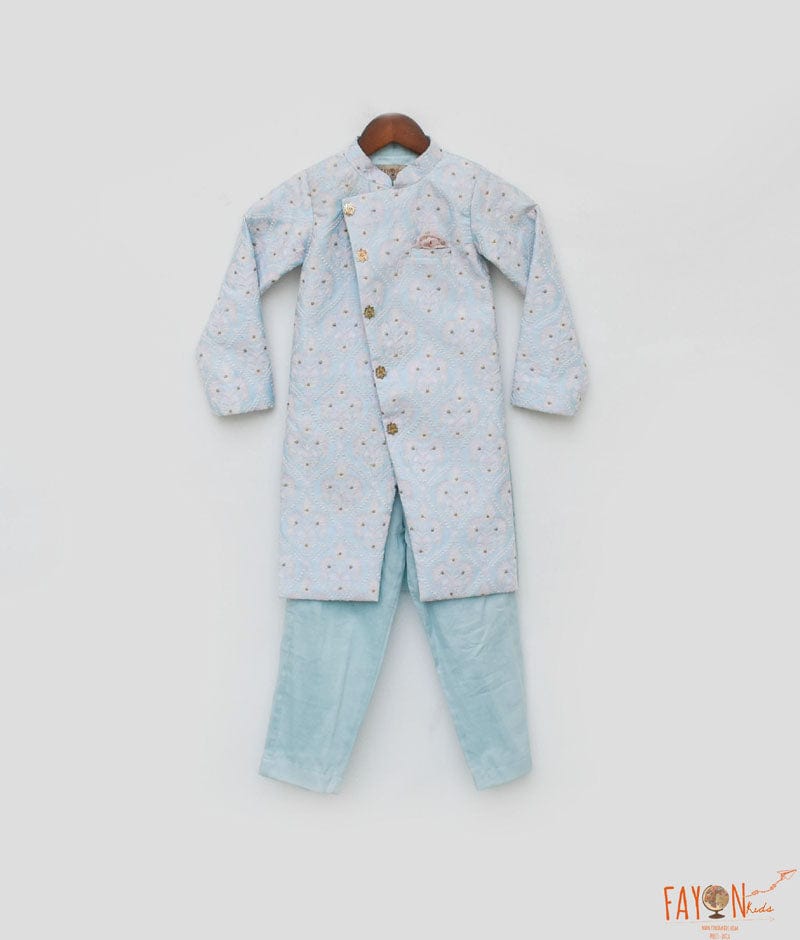 Fayon Kids Blue Embroidery Ajkan and Pant for Boys