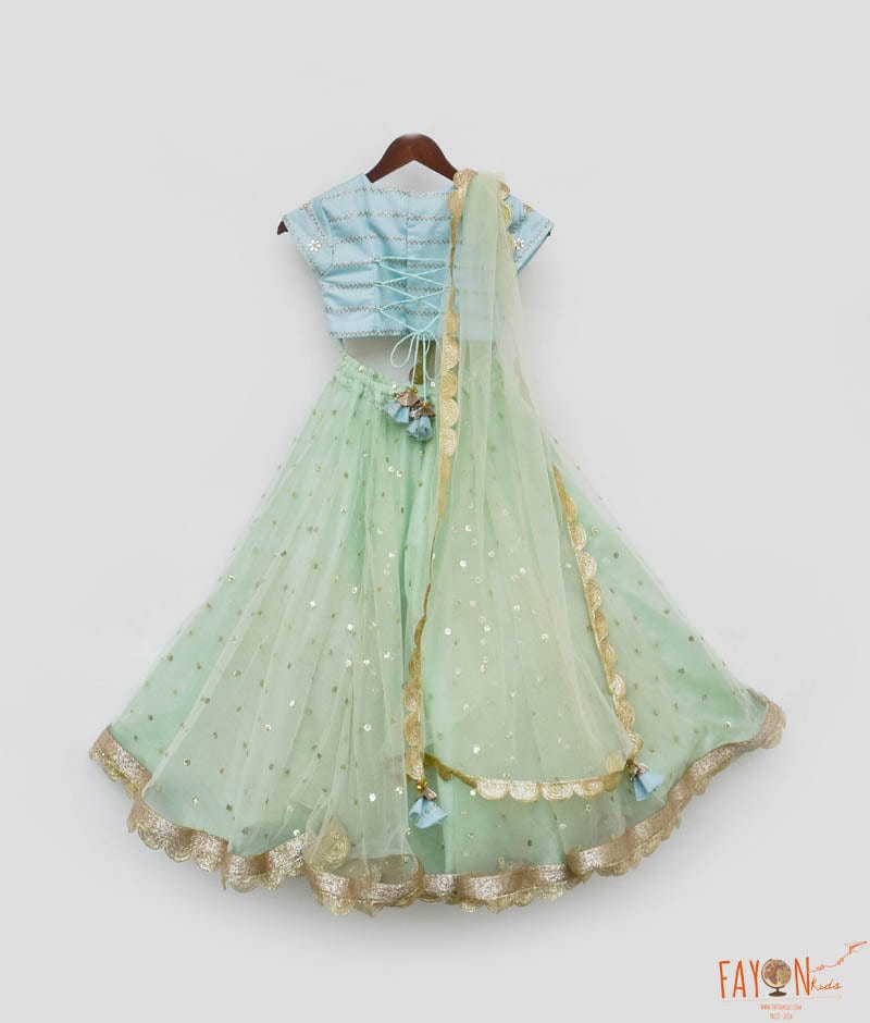 Blue Embroidery Choli and Green Net Lehenga Dupatta Set for Girls