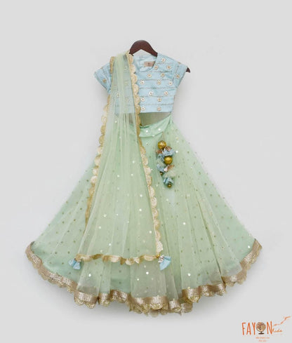 Blue Embroidery Choli and Green Net Lehenga Dupatta Set for Girls