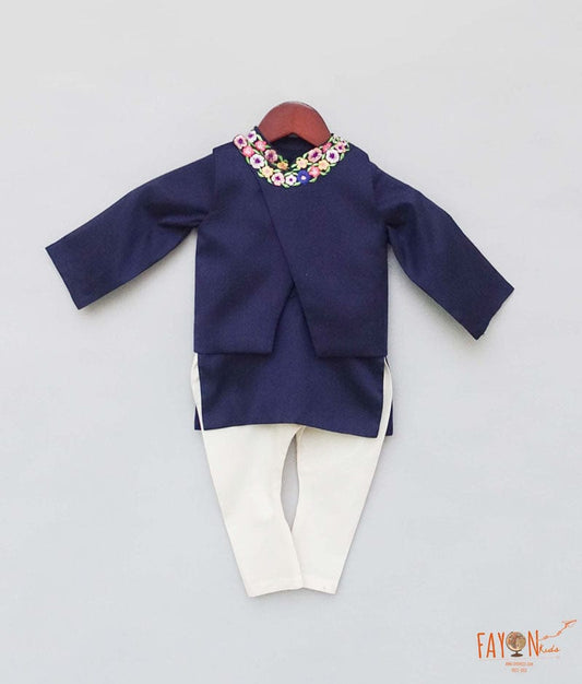 Fayon Kids Blue Embroidery Jacket with Kurta Chudidar for Boys