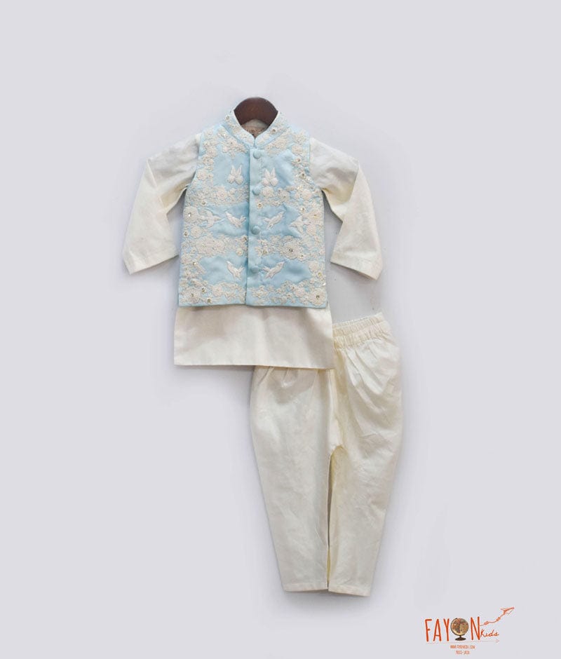 Fayon Kids Blue Embroidery Jacket with Off white Kurta Chudidar for Boys