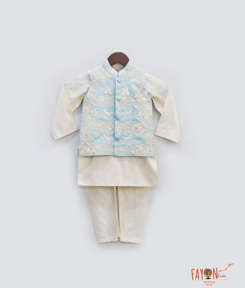 Fayon Kids Blue Embroidery Jacket with Off white Kurta Chudidar for Boys