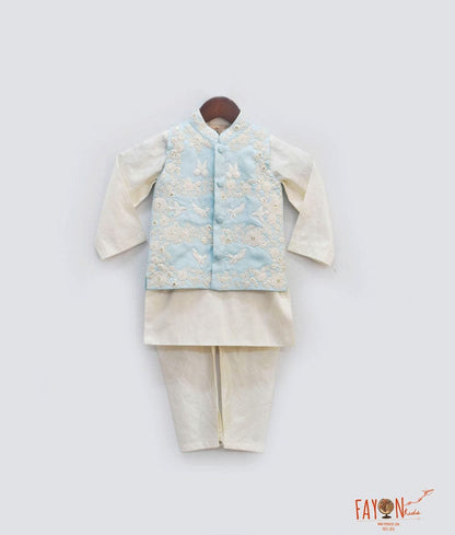 Blue Embroidery Jacket with Off white Kurta Chudidar for Boys