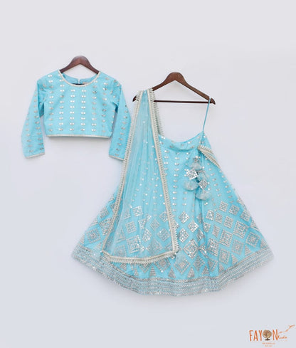 Fayon Kids Blue Embroidery Lehenga Choli Boti net dupatta for Girls