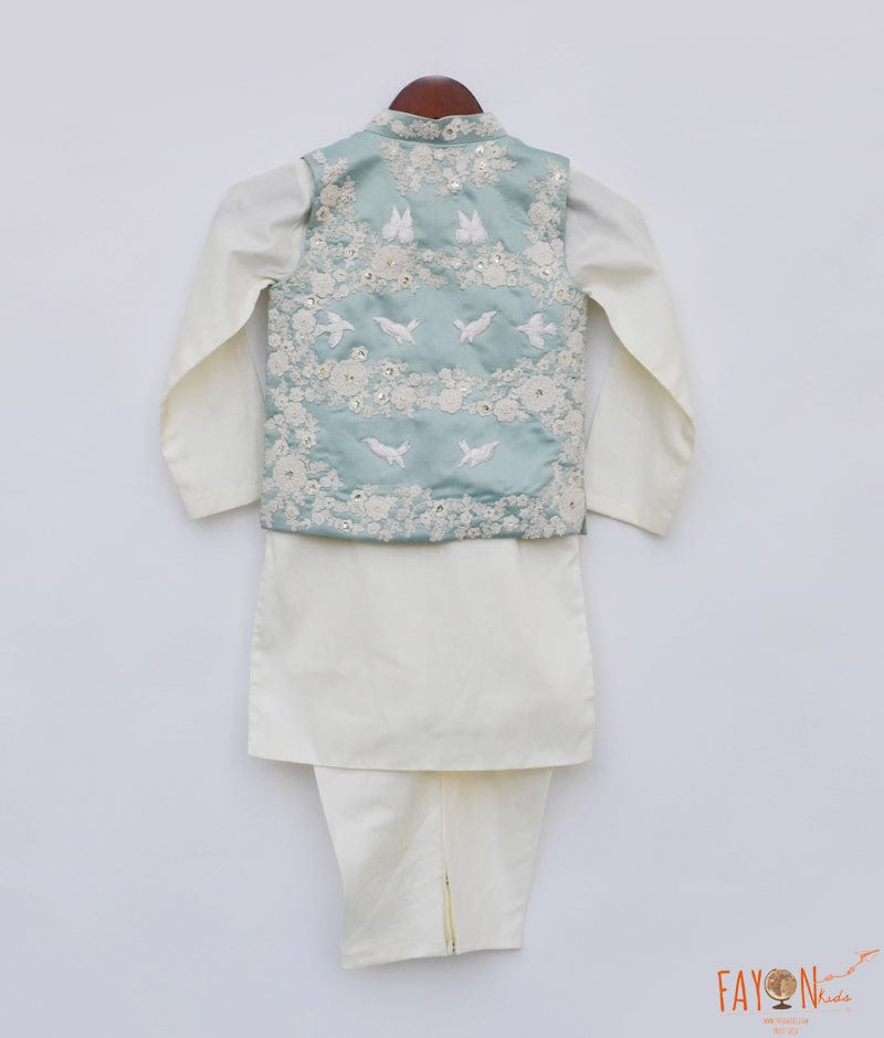 Fayon Kids Blue Embroidery Nehru Jacket Off white Kurta Chudidar for Boys
