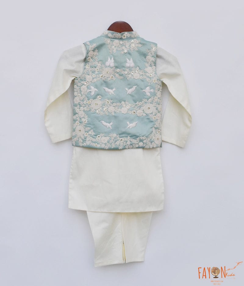 Blue Embroidery Nehru Jacket Off white Kurta Chudidar for Boys