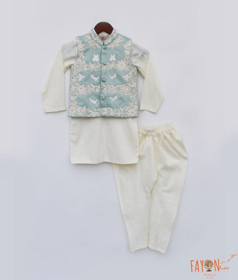 Fayon Kids Blue Embroidery Nehru Jacket Off white Kurta Chudidar for Boys